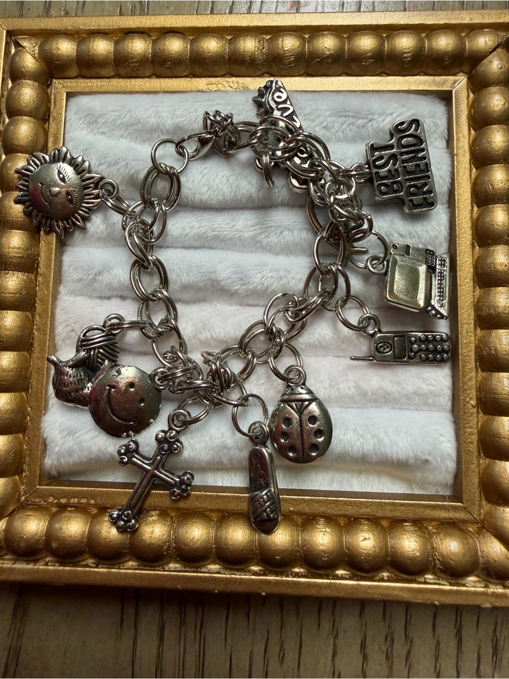 Inspired Charm Bracelet with Sun, Ladybug & Cross Charms